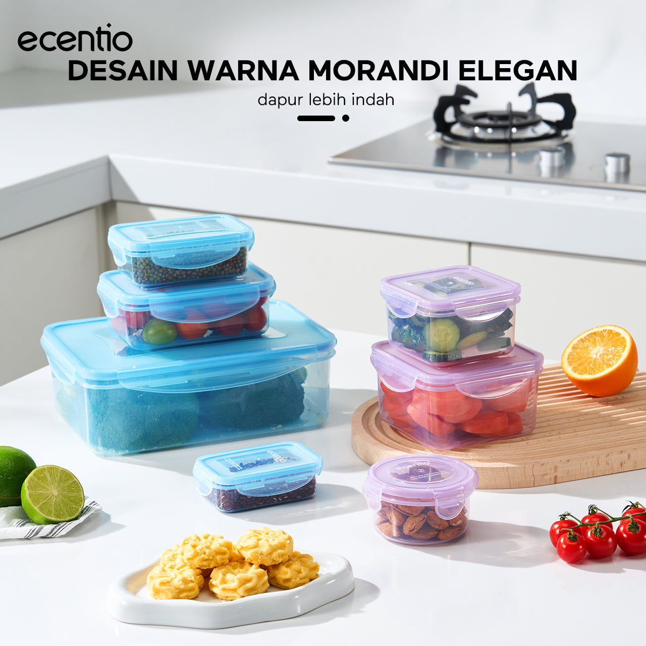 ecentio Ramadhan Kitchen Gift Set — Set Kotak Makan Anti Bocor 7pcs + Alat Penumbuk Bawang + Wajan Anti Lengket 16cm + Spatula & Sendok Silikon