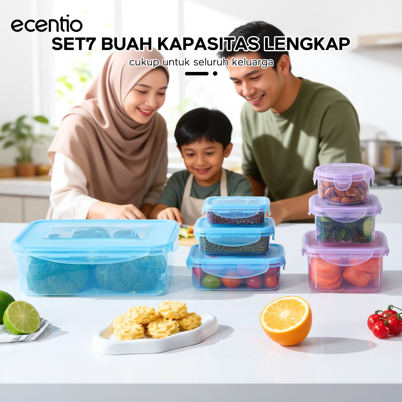 ecentio Ramadhan Kitchen Gift Set — Set Kotak Makan Anti Bocor 7pcs + Alat Penumbuk Bawang + Wajan Anti Lengket 16cm + Spatula & Sendok Silikon