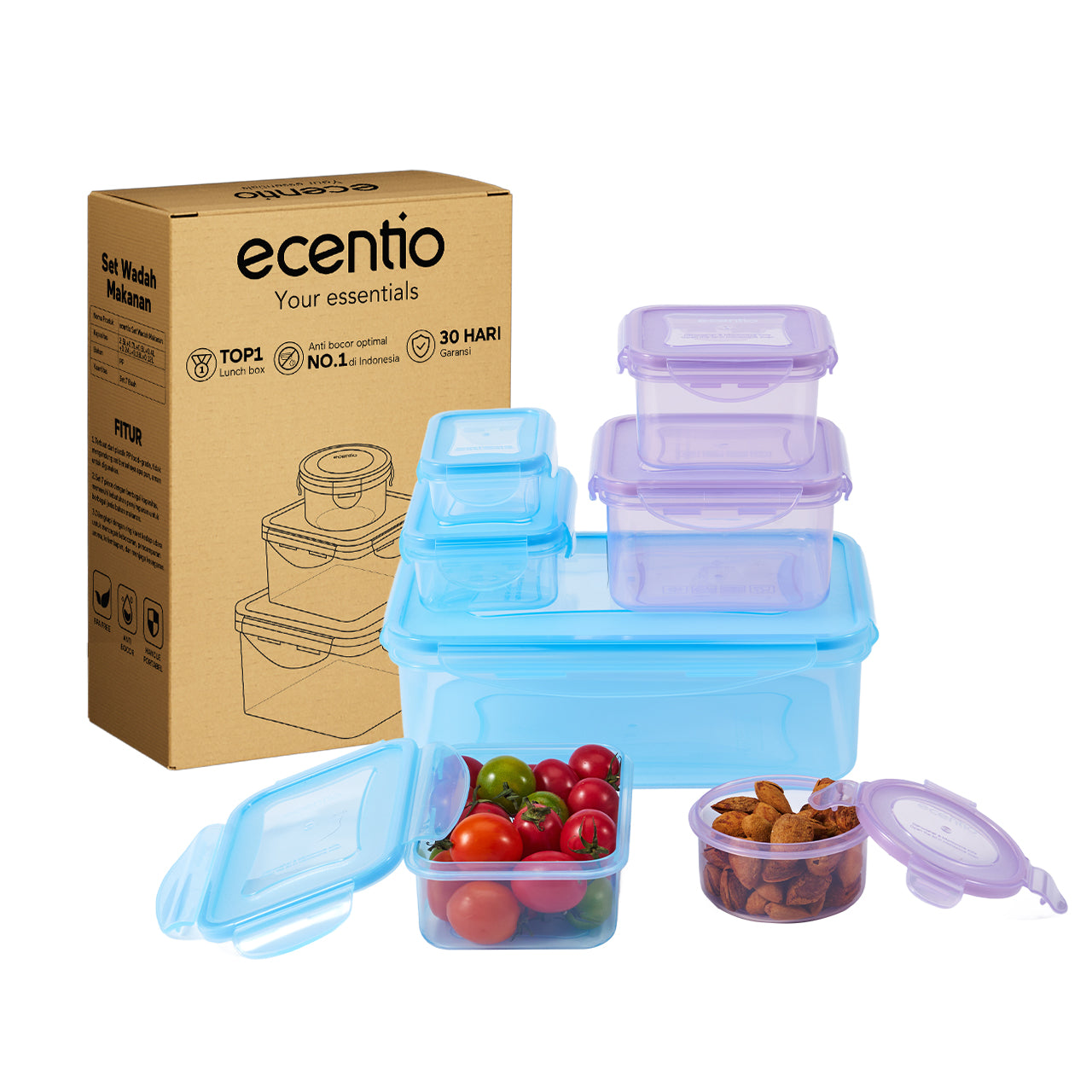 ecentio Ramadhan Kitchen Gift Set — Set Kotak Makan Anti Bocor 7pcs + Alat Penumbuk Bawang + Wajan Anti Lengket 16cm + Spatula & Sendok Silikon