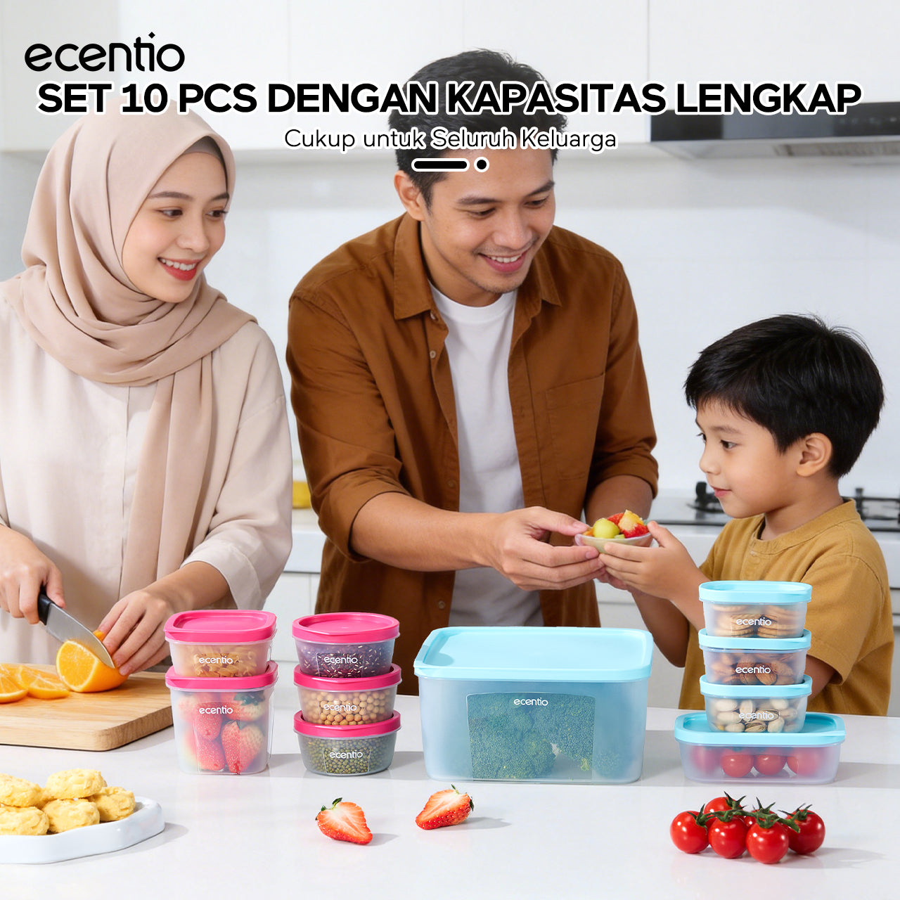 ecentio Set Toples Plastik Bening  BPA Free Tumpuk Hemat Ruang untuk Keluarga Sahur Buka Puasa, Kedap Udara Kunci Kesegaran Makanan food container, toples lebaran aesthetic