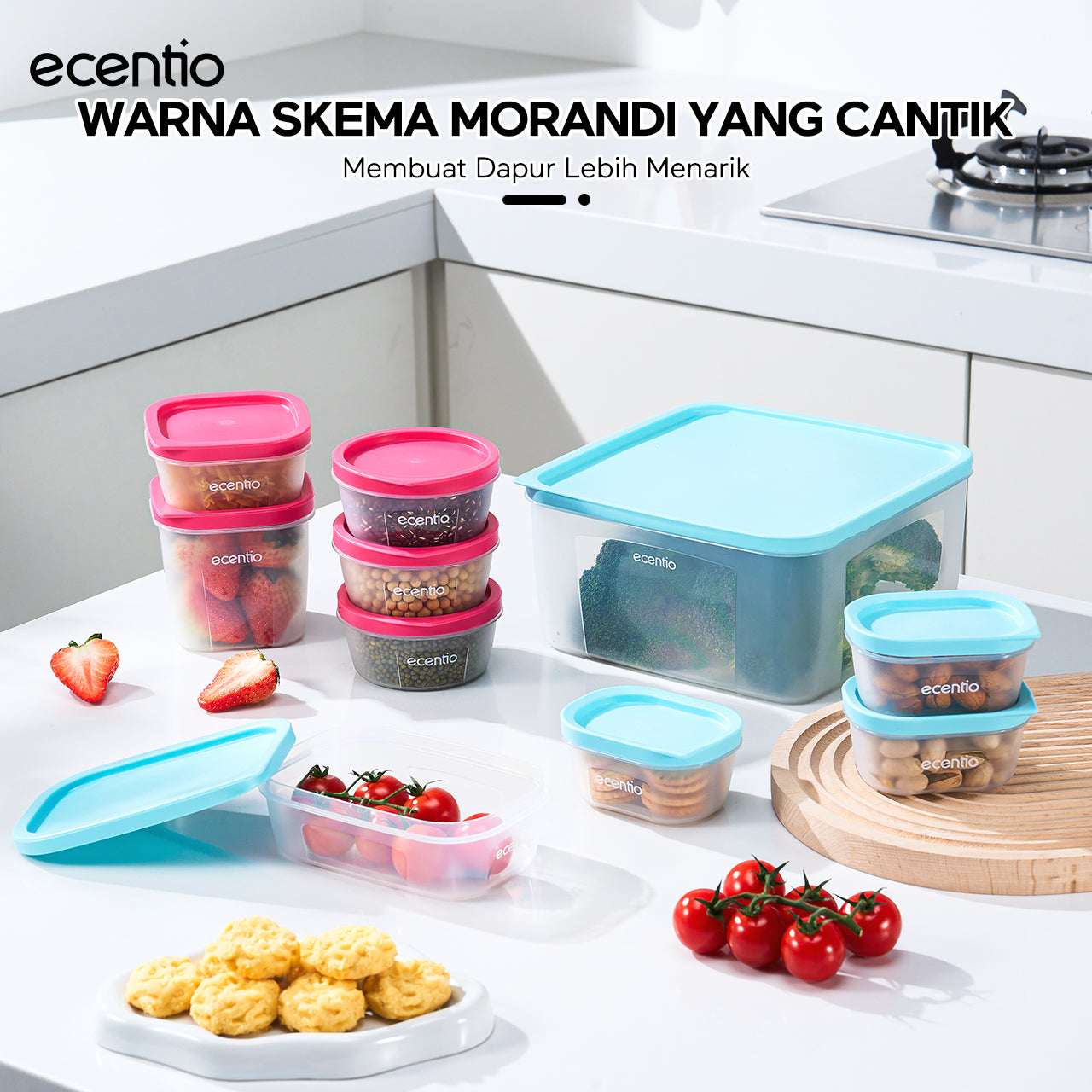 ecentio Set Toples Plastik Bening  BPA Free Tumpuk Hemat Ruang untuk Keluarga Sahur Buka Puasa, Kedap Udara Kunci Kesegaran Makanan food container, toples lebaran aesthetic