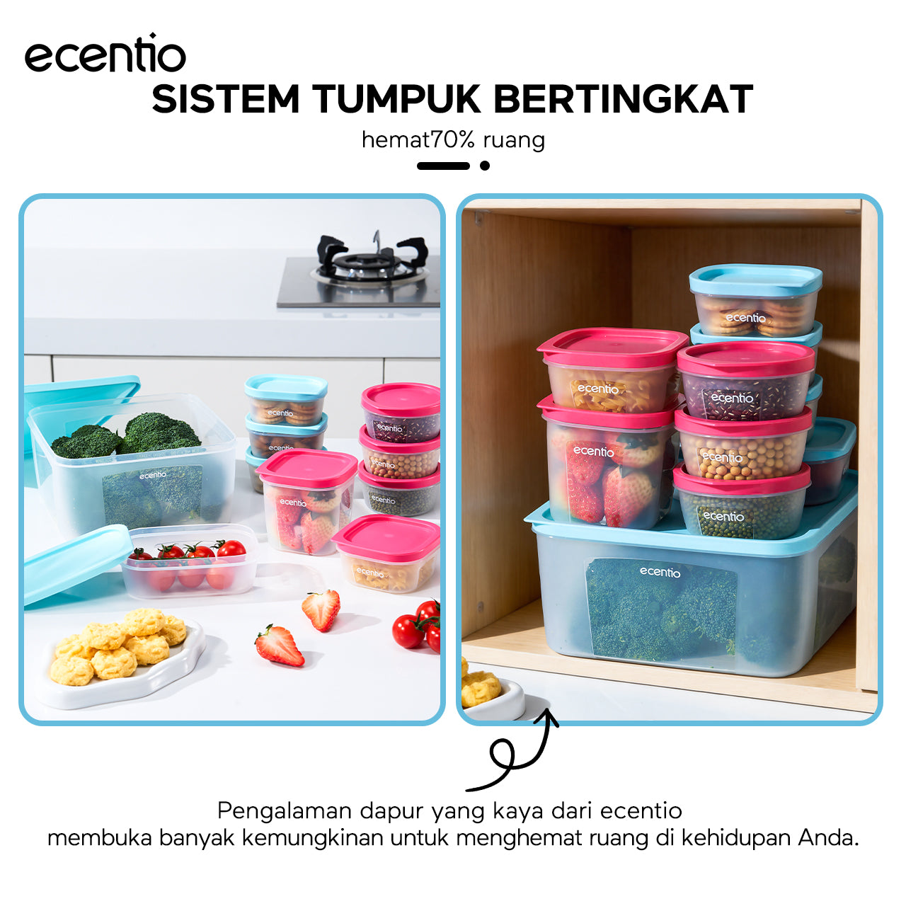 ecentio Set Toples Plastik Bening  BPA Free Tumpuk Hemat Ruang untuk Keluarga Sahur Buka Puasa, Kedap Udara Kunci Kesegaran Makanan food container, toples lebaran aesthetic