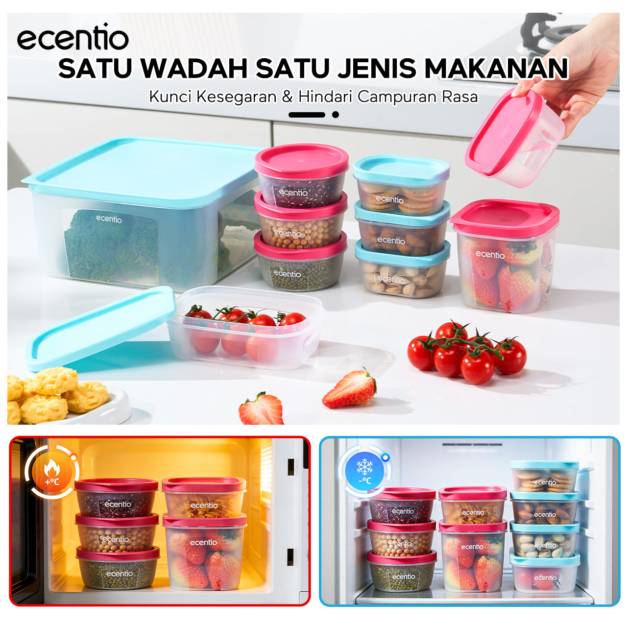 ecentio Set Toples Plastik Bening  BPA Free Tumpuk Hemat Ruang untuk Keluarga Sahur Buka Puasa, Kedap Udara Kunci Kesegaran Makanan food container, toples lebaran aesthetic