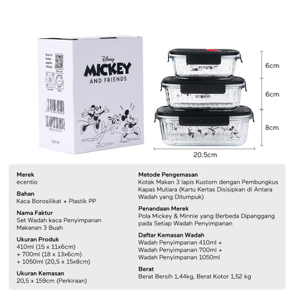 ecentio Food Container Mickey Mouse 3pcs & Tas Portable,410ml+700ml+1050ml Toples Kaca Mudah Dibersihkan,Tas Penyimpanan Portabel Kapasitas Besar,toples lebaran aesthetic Cocok untuk bekal makanan