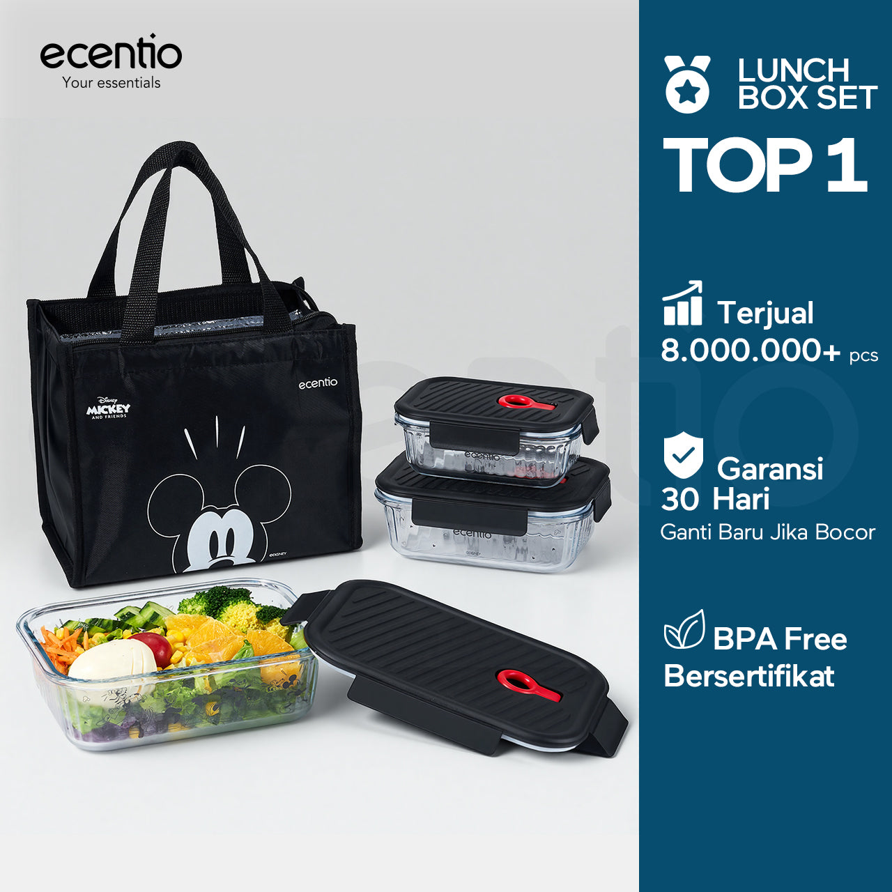 ecentio Food Container Mickey Mouse 3pcs & Tas Portable,410ml+700ml+1050ml Toples Kaca Mudah Dibersihkan,Tas Penyimpanan Portabel Kapasitas Besar,toples lebaran aesthetic Cocok untuk bekal makanan