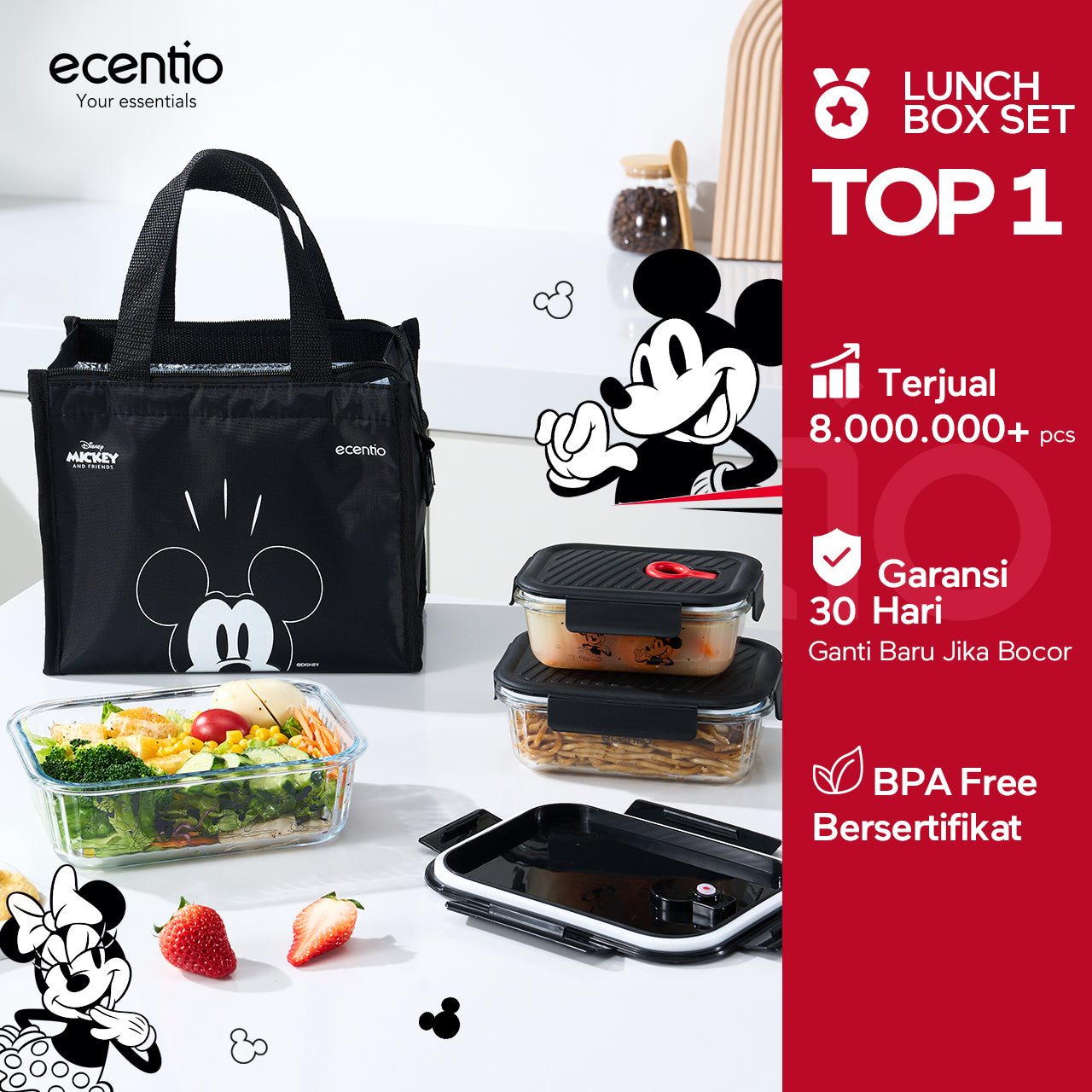 ecentio Food Container Mickey Mouse 3pcs & Tas Portable,410ml+700ml+1050ml Toples Kaca Mudah Dibersihkan,Tas Penyimpanan Portabel Kapasitas Besar,toples lebaran aesthetic Cocok untuk bekal makanan