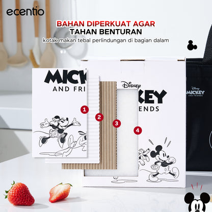 ecentio Food Container Mickey Mouse 3pcs & Tas Portable,410ml+700ml+1050ml Toples Kaca Mudah Dibersihkan,Tas Penyimpanan Portabel Kapasitas Besar,toples lebaran aesthetic Cocok untuk bekal makanan