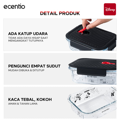 ecentio Food Container Mickey Mouse 3pcs & Tas Portable,410ml+700ml+1050ml Toples Kaca Mudah Dibersihkan,Tas Penyimpanan Portabel Kapasitas Besar,toples lebaran aesthetic Cocok untuk bekal makanan