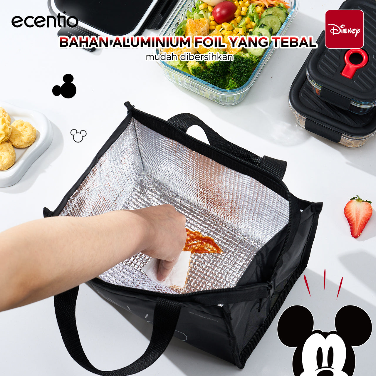 ecentio Food Container Mickey Mouse 3pcs & Tas Portable,410ml+700ml+1050ml Toples Kaca Mudah Dibersihkan,Tas Penyimpanan Portabel Kapasitas Besar,toples lebaran aesthetic Cocok untuk bekal makanan