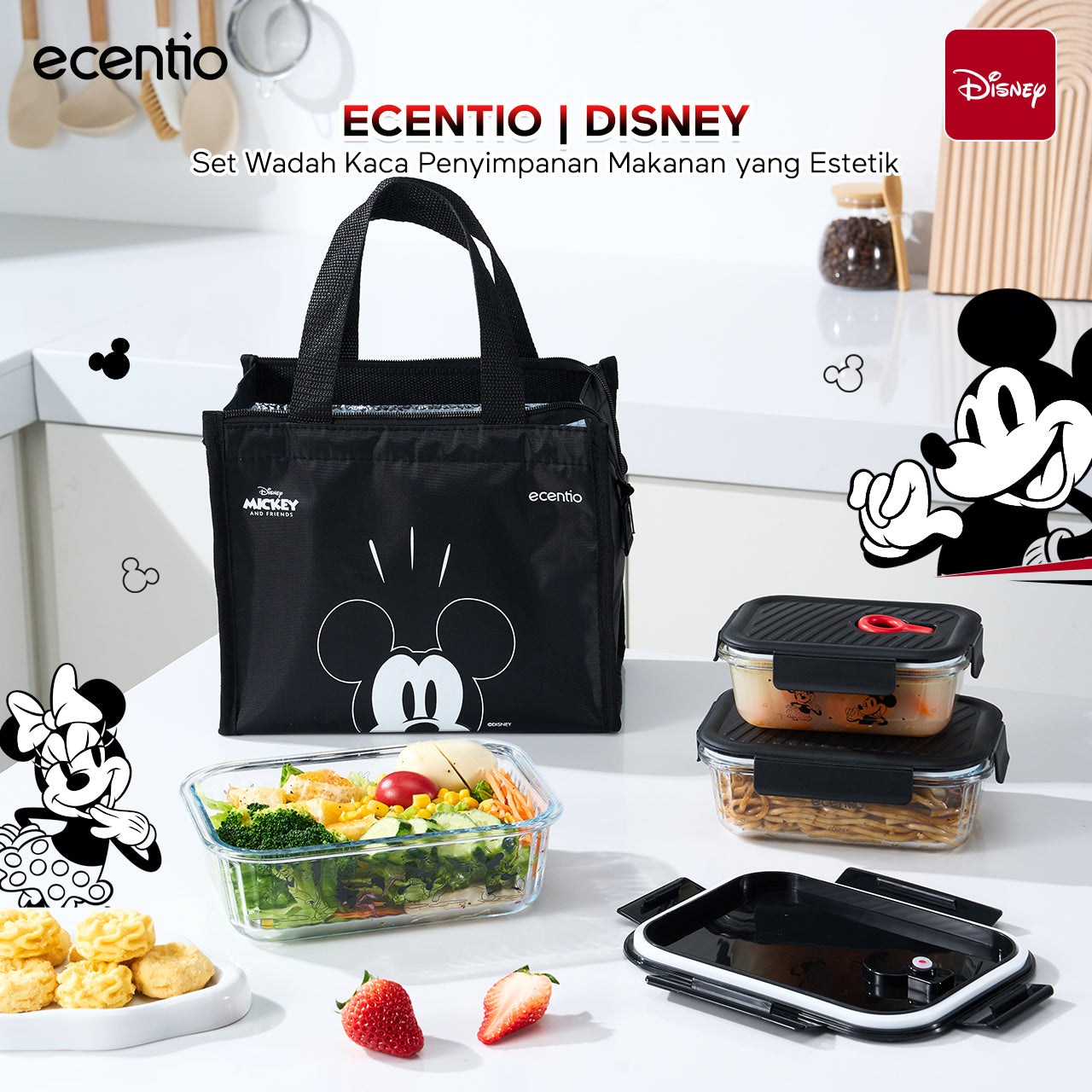 ecentio Food Container Mickey Mouse 3pcs & Tas Portable,410ml+700ml+1050ml Toples Kaca Mudah Dibersihkan,Tas Penyimpanan Portabel Kapasitas Besar,toples lebaran aesthetic Cocok untuk bekal makanan