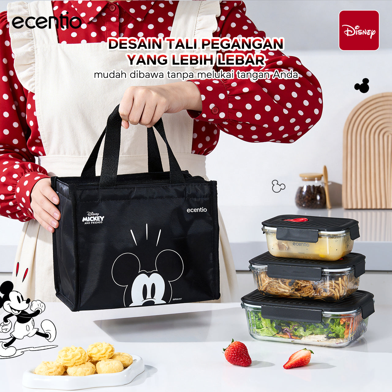 ecentio Food Container Mickey Mouse 3pcs & Tas Portable,410ml+700ml+1050ml Toples Kaca Mudah Dibersihkan,Tas Penyimpanan Portabel Kapasitas Besar,toples lebaran aesthetic Cocok untuk bekal makanan