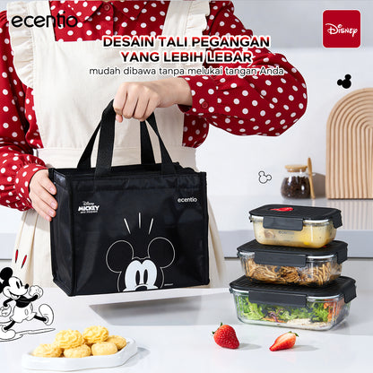 ecentio Food Container Mickey Mouse 3pcs & Tas Portable,410ml+700ml+1050ml Toples Kaca Mudah Dibersihkan,Tas Penyimpanan Portabel Kapasitas Besar,toples lebaran aesthetic Cocok untuk bekal makanan