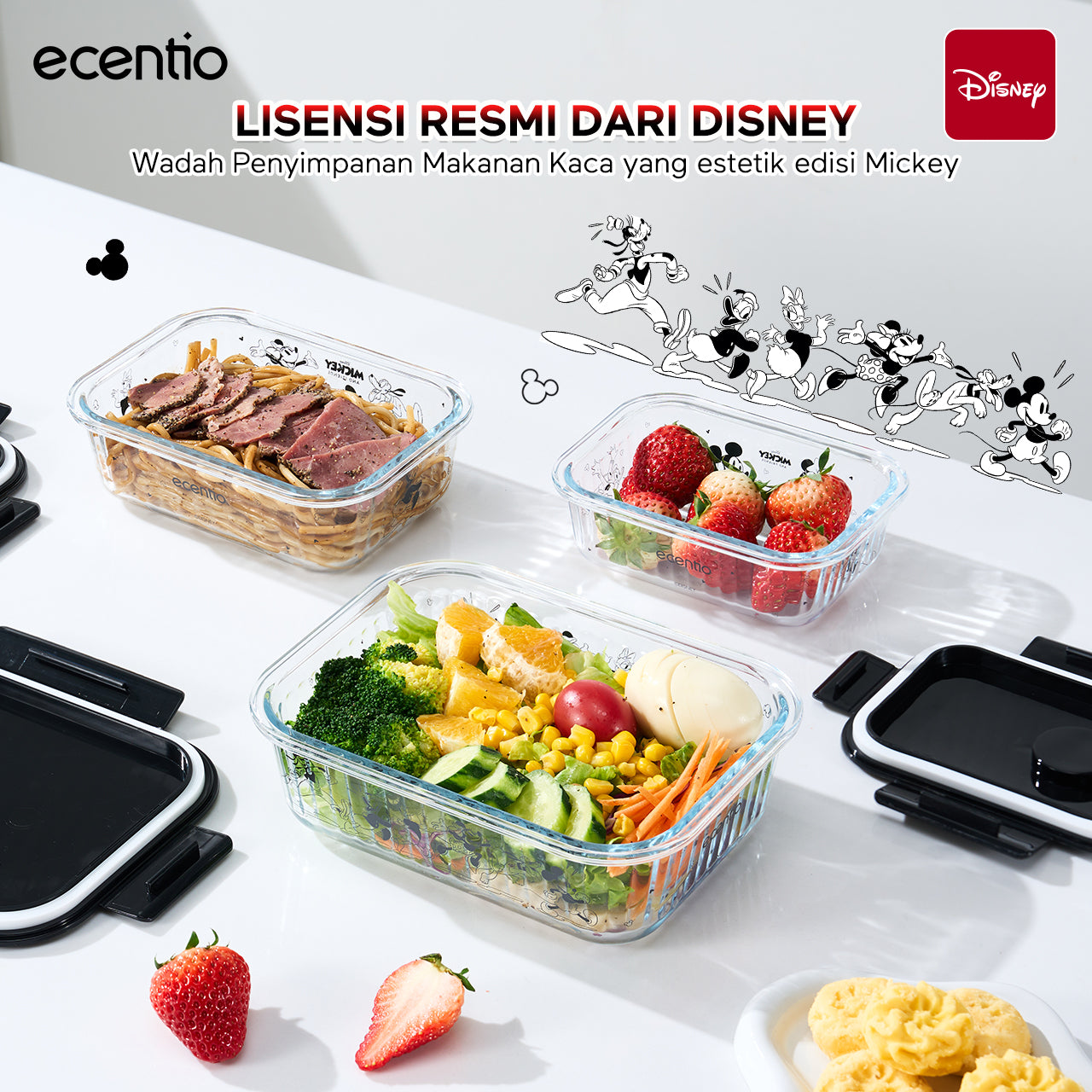 ecentio Food Container Mickey Mouse 3pcs & Tas Portable,410ml+700ml+1050ml Toples Kaca Mudah Dibersihkan,Tas Penyimpanan Portabel Kapasitas Besar,toples lebaran aesthetic Cocok untuk bekal makanan