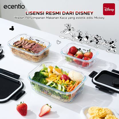 ecentio Food Container Mickey Mouse 3pcs & Tas Portable,410ml+700ml+1050ml Toples Kaca Mudah Dibersihkan,Tas Penyimpanan Portabel Kapasitas Besar,toples lebaran aesthetic Cocok untuk bekal makanan