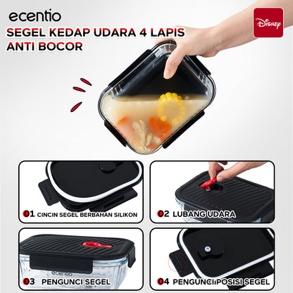 ecentio Food Container Mickey Mouse 3pcs & Tas Portable,410ml+700ml+1050ml Toples Kaca Mudah Dibersihkan,Tas Penyimpanan Portabel Kapasitas Besar,toples lebaran aesthetic Cocok untuk bekal makanan
