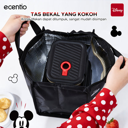 ecentio Food Container Mickey Mouse 3pcs & Tas Portable,410ml+700ml+1050ml Toples Kaca Mudah Dibersihkan,Tas Penyimpanan Portabel Kapasitas Besar,toples lebaran aesthetic Cocok untuk bekal makanan
