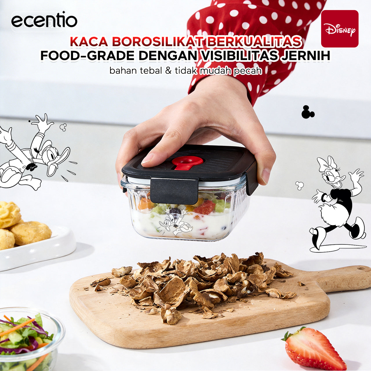 ecentio Food Container Mickey Mouse 3pcs & Tas Portable,410ml+700ml+1050ml Toples Kaca Mudah Dibersihkan,Tas Penyimpanan Portabel Kapasitas Besar,toples lebaran aesthetic Cocok untuk bekal makanan