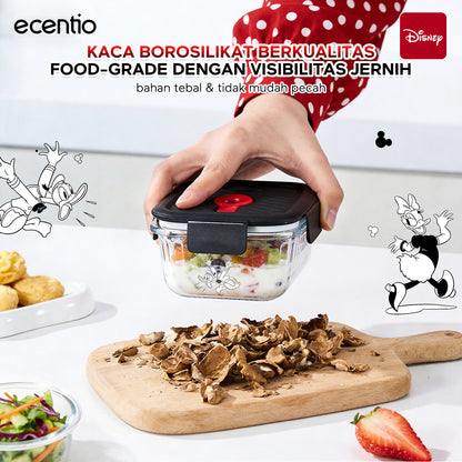 ecentio Food Container Mickey Mouse 3pcs & Tas Portable,410ml+700ml+1050ml Toples Kaca Mudah Dibersihkan,Tas Penyimpanan Portabel Kapasitas Besar,toples lebaran aesthetic Cocok untuk bekal makanan