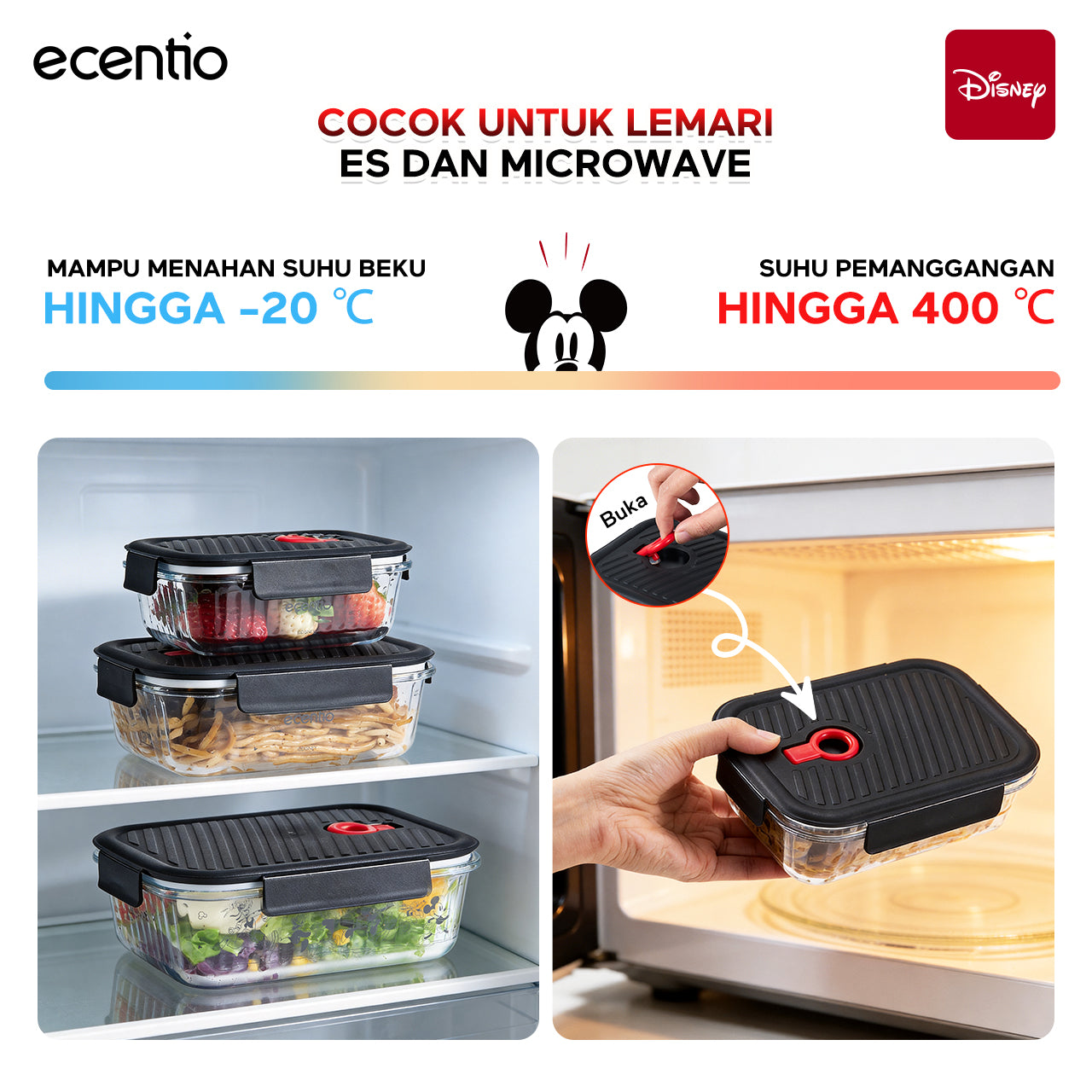 ecentio Food Container Mickey Mouse 3pcs & Tas Portable,410ml+700ml+1050ml Toples Kaca Mudah Dibersihkan,Tas Penyimpanan Portabel Kapasitas Besar,toples lebaran aesthetic Cocok untuk bekal makanan