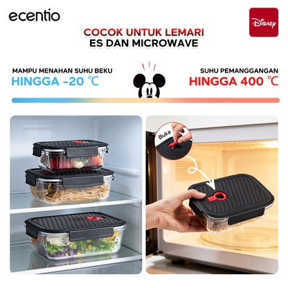ecentio Food Container Mickey Mouse 3pcs & Tas Portable,410ml+700ml+1050ml Toples Kaca Mudah Dibersihkan,Tas Penyimpanan Portabel Kapasitas Besar,toples lebaran aesthetic Cocok untuk bekal makanan