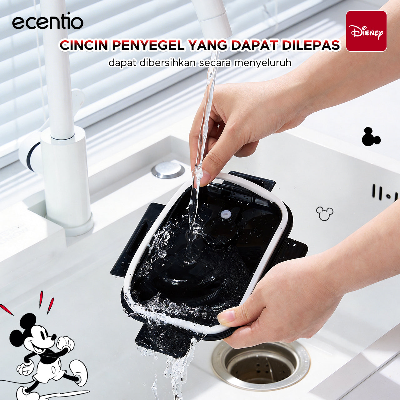 ecentio Food Container Mickey Mouse 3pcs & Tas Portable,410ml+700ml+1050ml Toples Kaca Mudah Dibersihkan,Tas Penyimpanan Portabel Kapasitas Besar,toples lebaran aesthetic Cocok untuk bekal makanan