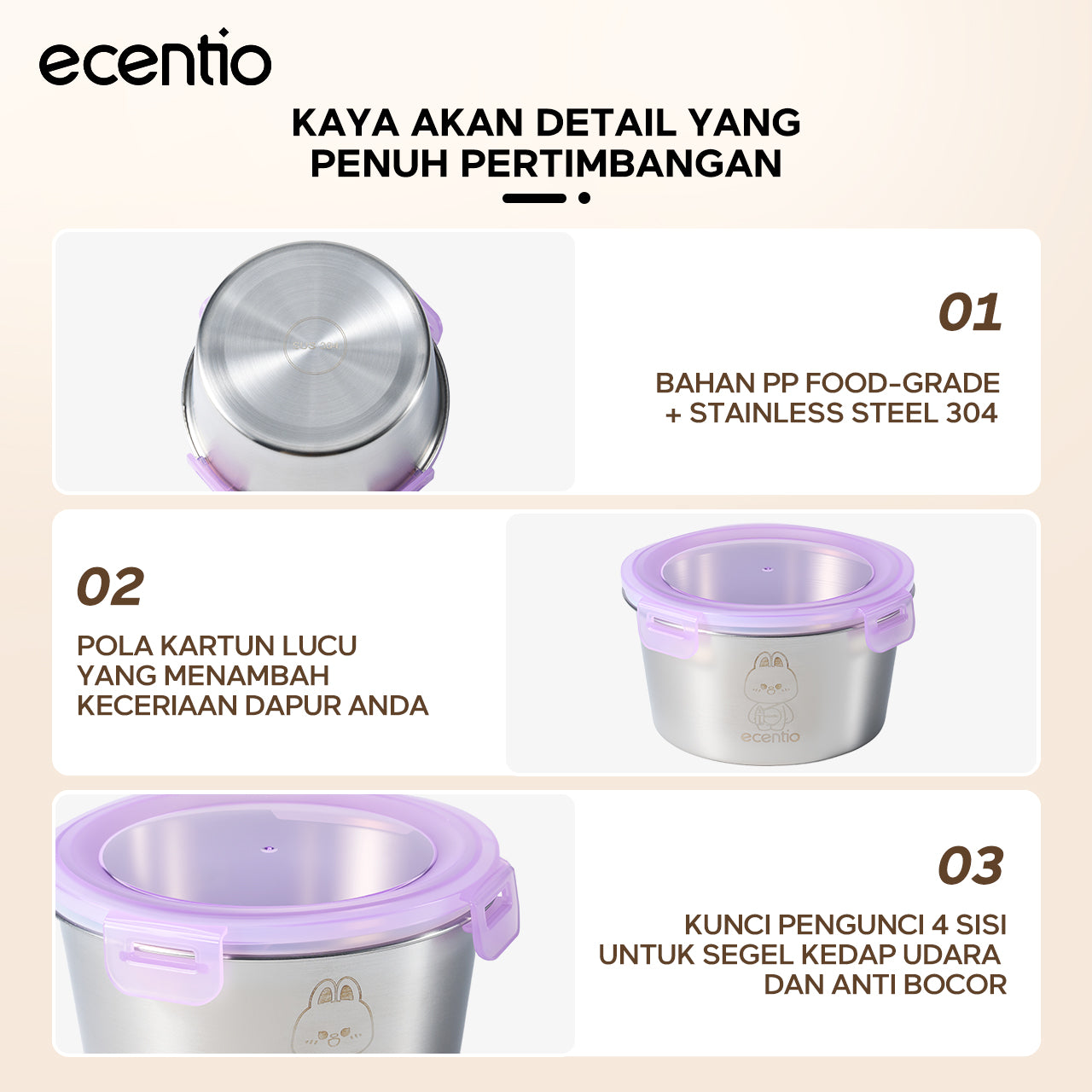 ecentio wadah makanan stainless steel 304 food-grade set 3 buah segel 360° jaga kesegaran mudah dicuci untuk pengguna sehari-hari dan bebal kerja