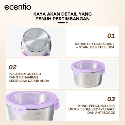 ecentio wadah makanan stainless steel 304 food-grade set 3 buah segel 360° jaga kesegaran mudah dicuci untuk pengguna sehari-hari dan bebal kerja