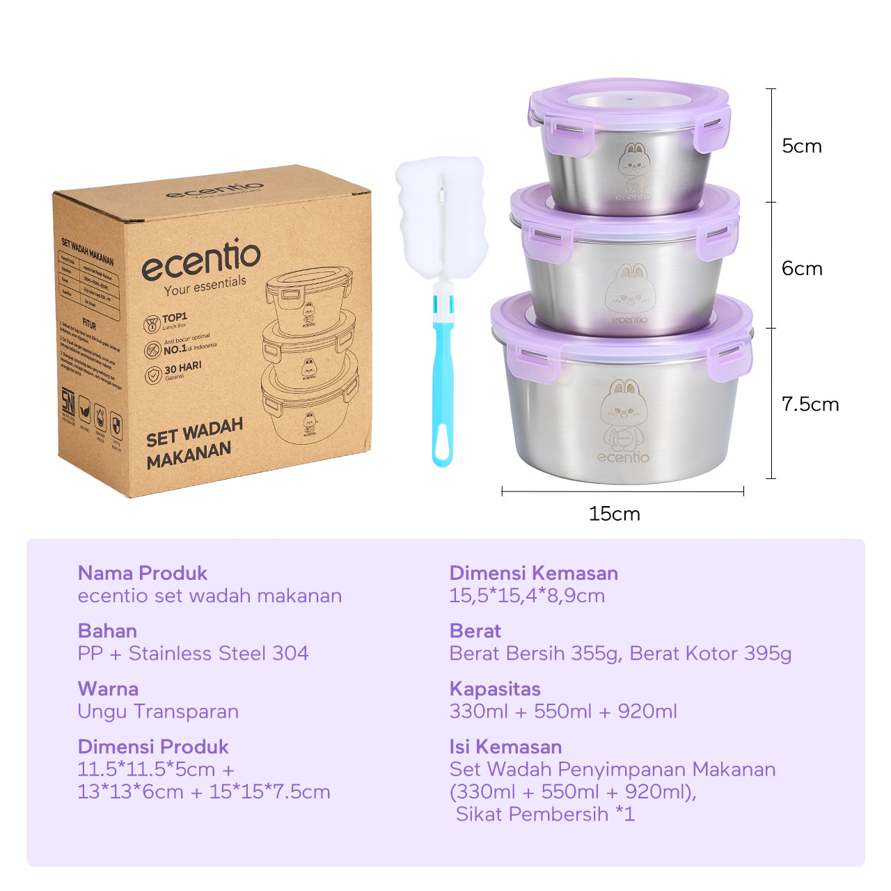 ecentio wadah makanan stainless steel 304 food-grade set 3 buah segel 360° jaga kesegaran mudah dicuci untuk pengguna sehari-hari dan bebal kerja