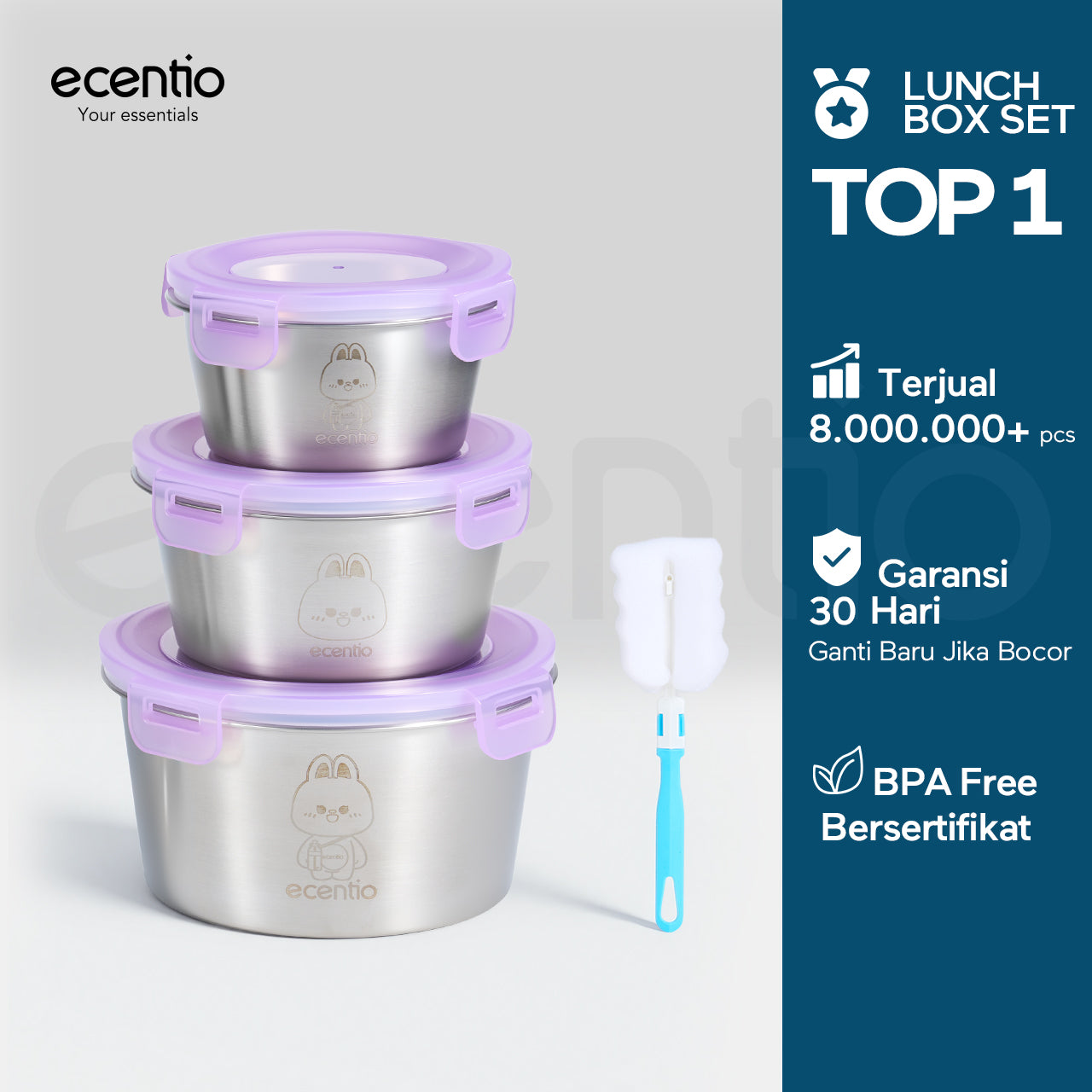 ecentio wadah makanan stainless steel 304 food-grade set 3 buah segel 360° jaga kesegaran mudah dicuci untuk pengguna sehari-hari dan bebal kerja