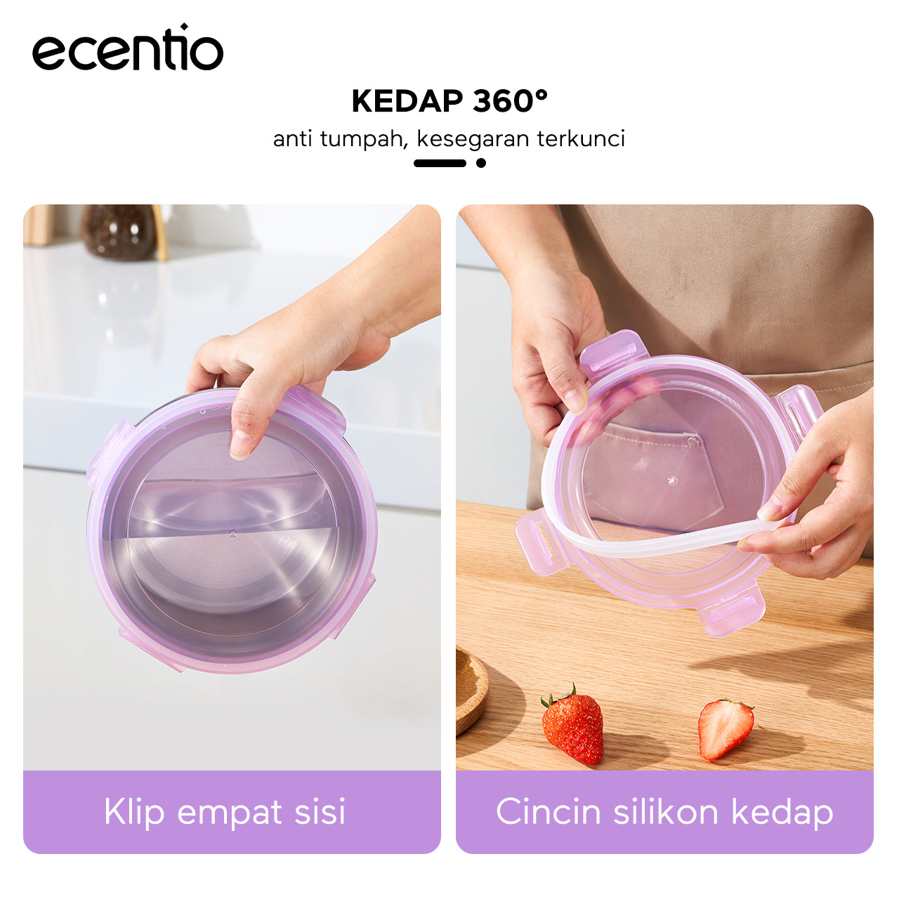 ecentio wadah makanan stainless steel 304 food-grade set 3 buah segel 360° jaga kesegaran mudah dicuci untuk pengguna sehari-hari dan bebal kerja