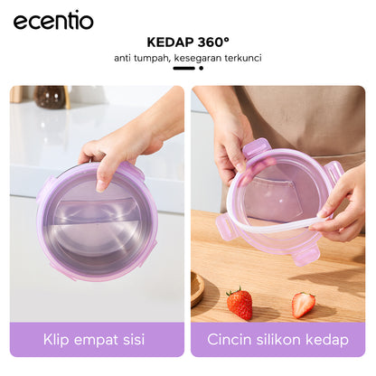 ecentio wadah makanan stainless steel 304 food-grade set 3 buah segel 360° jaga kesegaran mudah dicuci untuk pengguna sehari-hari dan bebal kerja