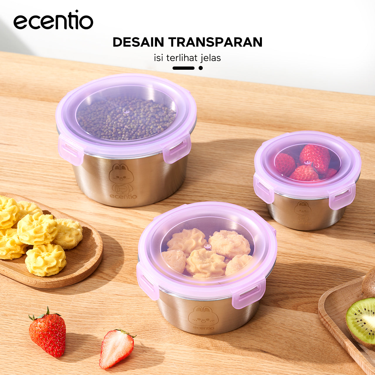 ecentio wadah makanan stainless steel 304 food-grade set 3 buah segel 360° jaga kesegaran mudah dicuci untuk pengguna sehari-hari dan bebal kerja