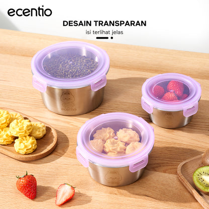 ecentio wadah makanan stainless steel 304 food-grade set 3 buah segel 360° jaga kesegaran mudah dicuci untuk pengguna sehari-hari dan bebal kerja