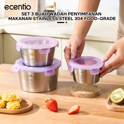 ecentio wadah makanan stainless steel 304 food-grade set 3 buah segel 360° jaga kesegaran mudah dicuci untuk pengguna sehari-hari dan bebal kerja