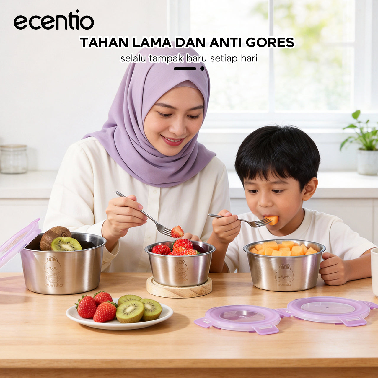 ecentio wadah makanan stainless steel 304 food-grade set 3 buah segel 360° jaga kesegaran mudah dicuci untuk pengguna sehari-hari dan bebal kerja