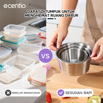 ecentio wadah makanan stainless steel 304 food-grade set 3 buah segel 360° jaga kesegaran mudah dicuci untuk pengguna sehari-hari dan bebal kerja