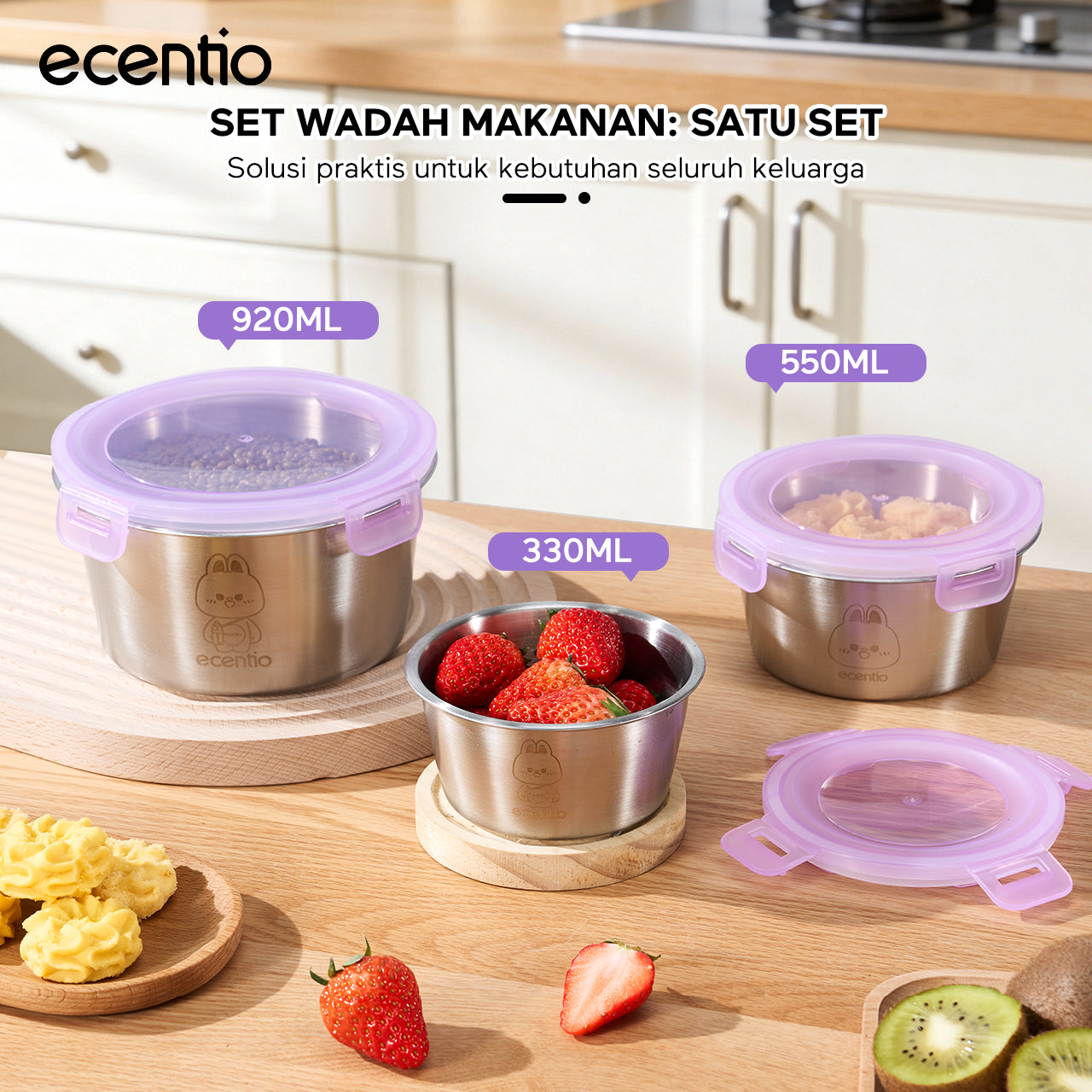 ecentio wadah makanan stainless steel 304 food-grade set 3 buah segel 360° jaga kesegaran mudah dicuci untuk pengguna sehari-hari dan bebal kerja