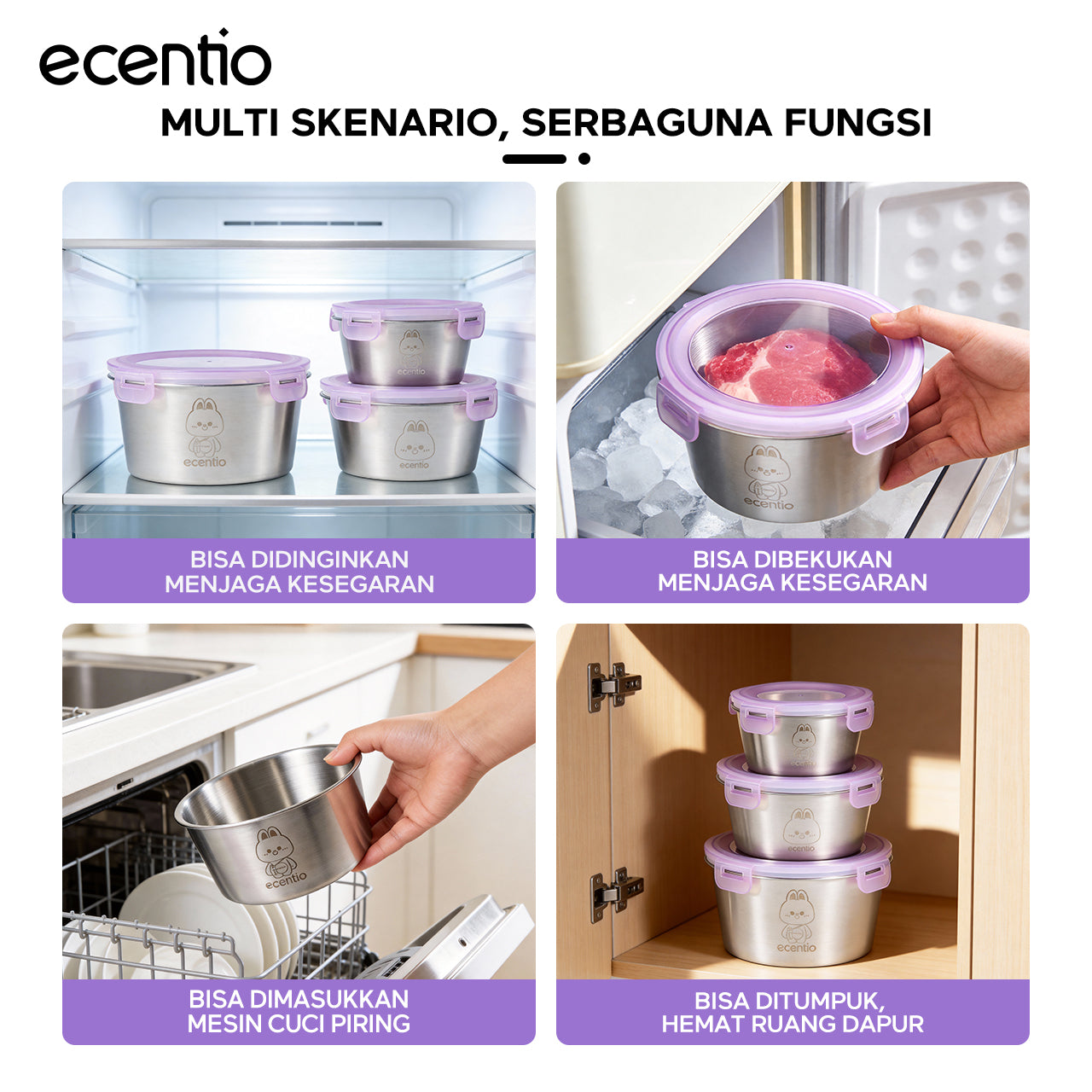 ecentio wadah makanan stainless steel 304 food-grade set 3 buah segel 360° jaga kesegaran mudah dicuci untuk pengguna sehari-hari dan bebal kerja