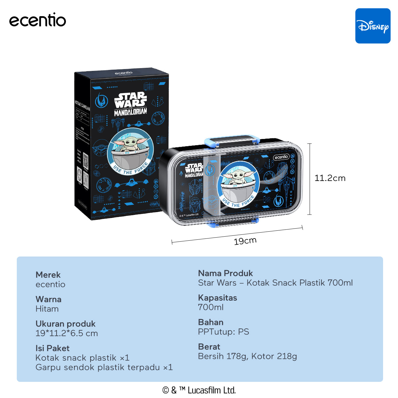 ecentio Star Wars Series Original Resmi Kotak Bekal Anak 950ml Anti Bocor BPA Free Set Lunch Box + Botol Minum Sendok Tas Bekal Sekolah Back to School Tempat Makan Sekat Snack