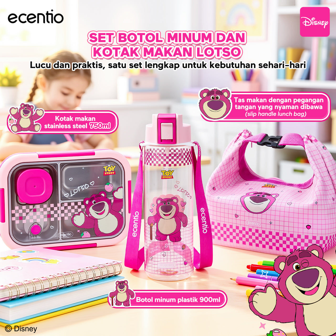 [Back To School] ecentio Kotak Makan Anak Lotso Set Bekal Sekolah Lunch Box Stainless 750ml Botol Minum 900ml Tas Bekal BPA Free Tempat Makan Anak