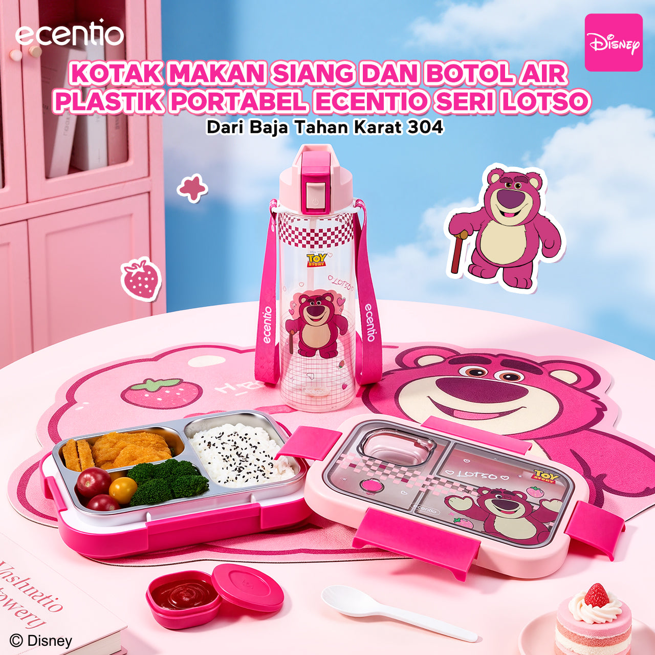 [Back To School] ecentio Kotak Makan Anak Lotso Set Bekal Sekolah Lunch Box Stainless 750ml Botol Minum 900ml Tas Bekal BPA Free Tempat Makan Anak