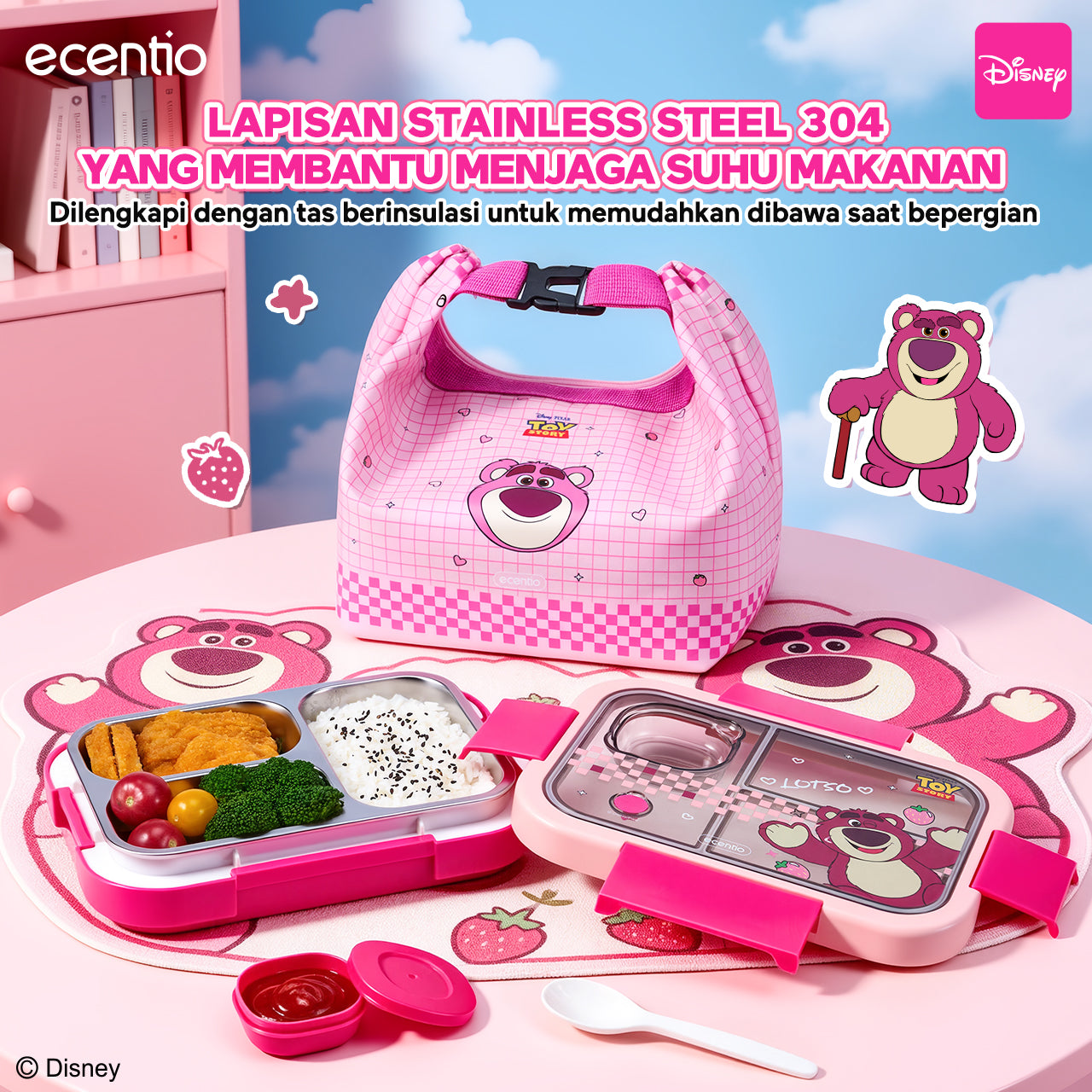 [Back To School] ecentio Kotak Makan Anak Lotso Set Bekal Sekolah Lunch Box Stainless 750ml Botol Minum 900ml Tas Bekal BPA Free Tempat Makan Anak