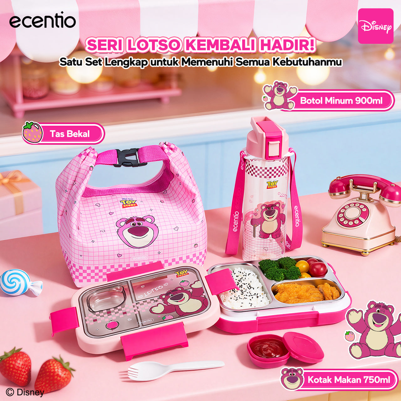 [Back To School] ecentio Kotak Makan Anak Lotso Set Bekal Sekolah Lunch Box Stainless 750ml Botol Minum 900ml Tas Bekal BPA Free Tempat Makan Anak
