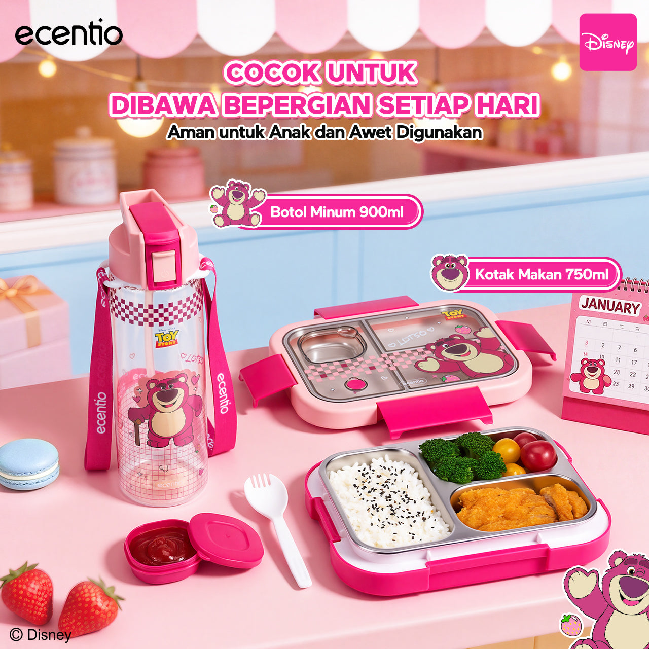 [Back To School] ecentio Kotak Makan Anak Lotso Set Bekal Sekolah Lunch Box Stainless 750ml Botol Minum 900ml Tas Bekal BPA Free Tempat Makan Anak