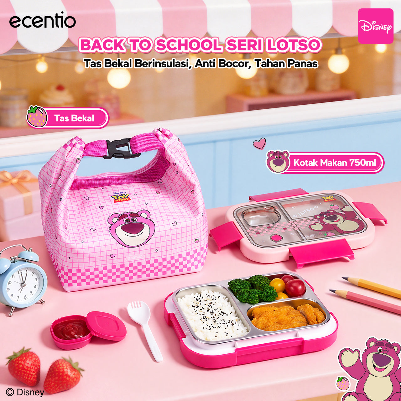 [Back To School] ecentio Kotak Makan Anak Lotso Set Bekal Sekolah Lunch Box Stainless 750ml Botol Minum 900ml Tas Bekal BPA Free Tempat Makan Anak