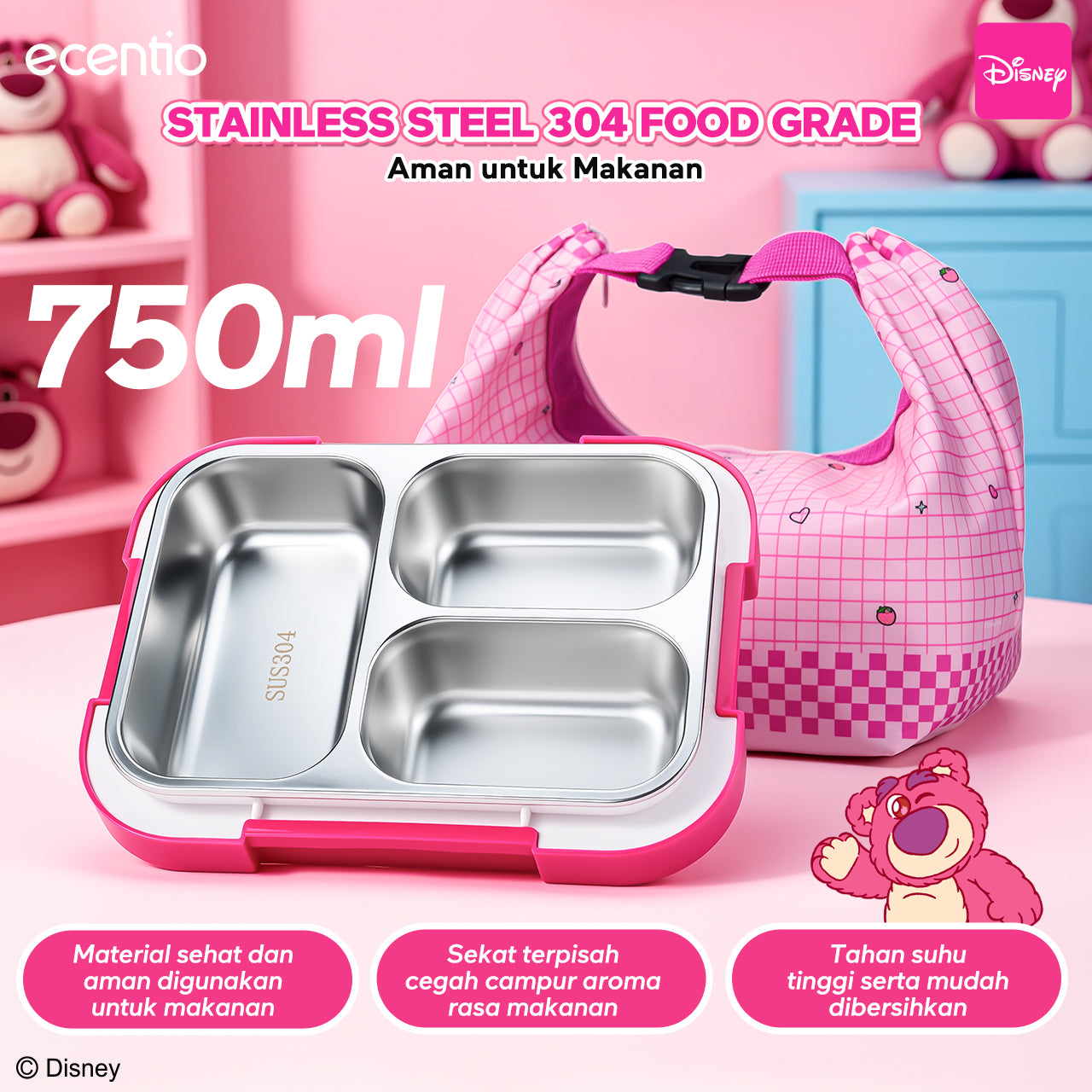 [Back To School] ecentio Kotak Makan Anak Lotso Set Bekal Sekolah Lunch Box Stainless 750ml Botol Minum 900ml Tas Bekal BPA Free Tempat Makan Anak