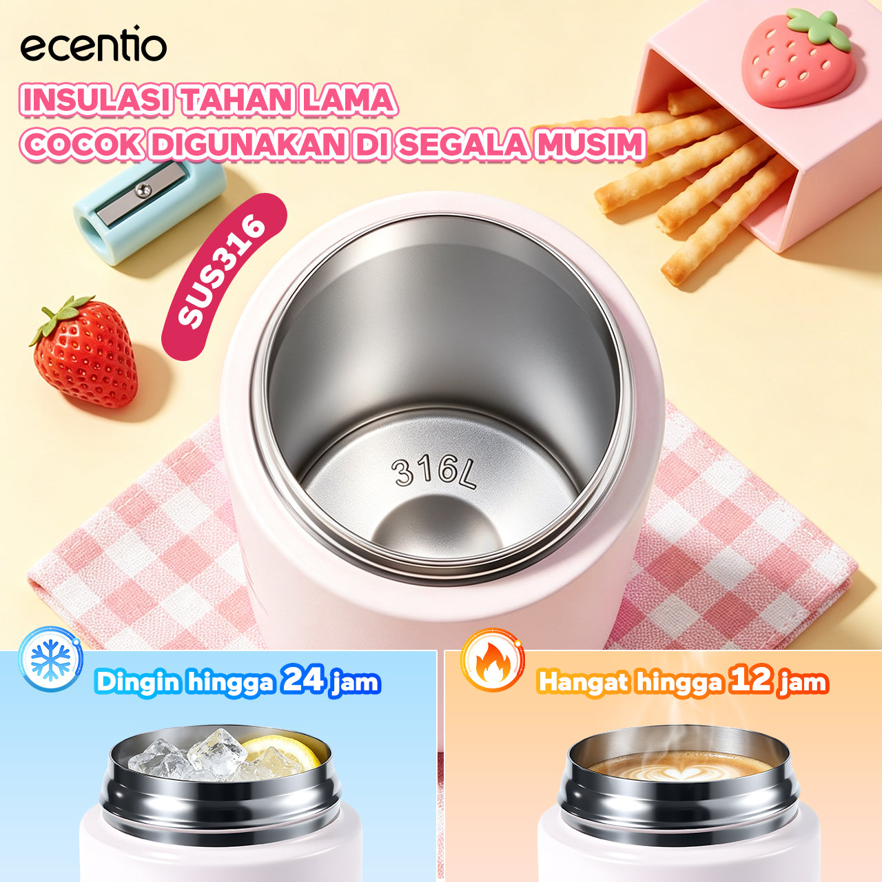 ecentio Tumbler Stainless anak 550ml/750ml Portable Thermos Botol Minum Besar Dengan Tas Tahan Panas Dingin 24 Jam Aesthetic Lucu Termos Air Panas Kopi Dengan Sedotan Cocok Untuk Sekolah Anak Laki-Laki