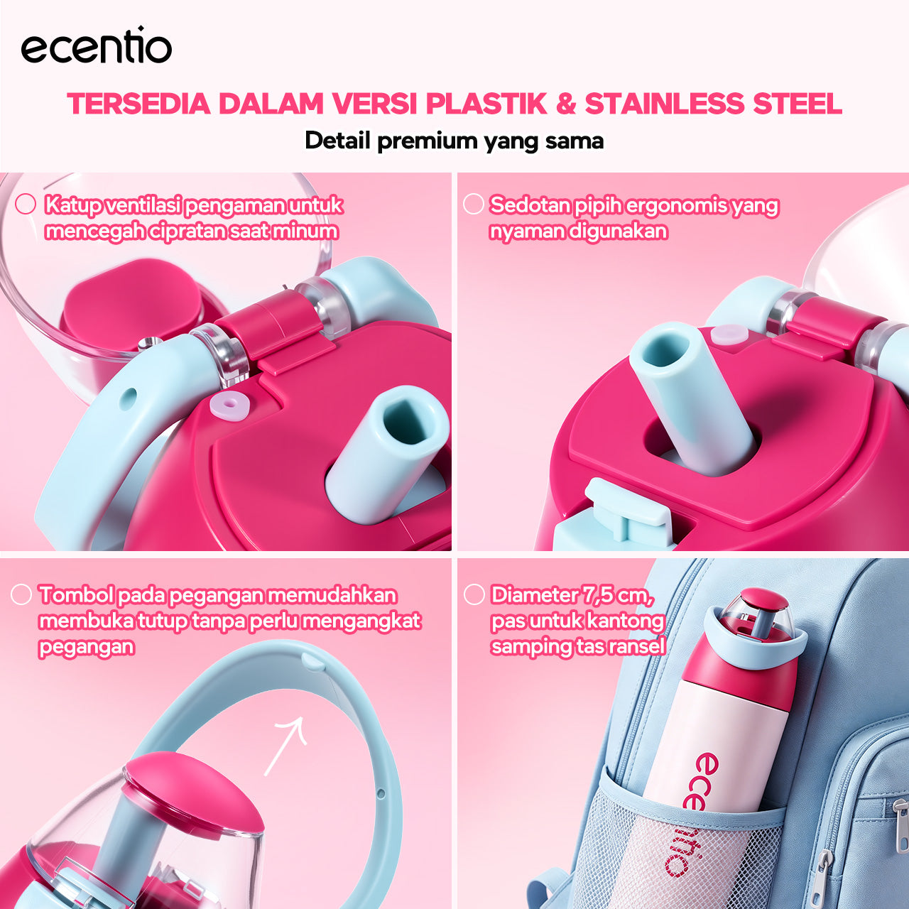 ecentio Tumbler Stainless anak 550ml/750ml Portable Thermos Botol Minum Besar Dengan Tas Tahan Panas Dingin 24 Jam Aesthetic Lucu Termos Air Panas Kopi Dengan Sedotan Cocok Untuk Sekolah Anak Laki-Laki