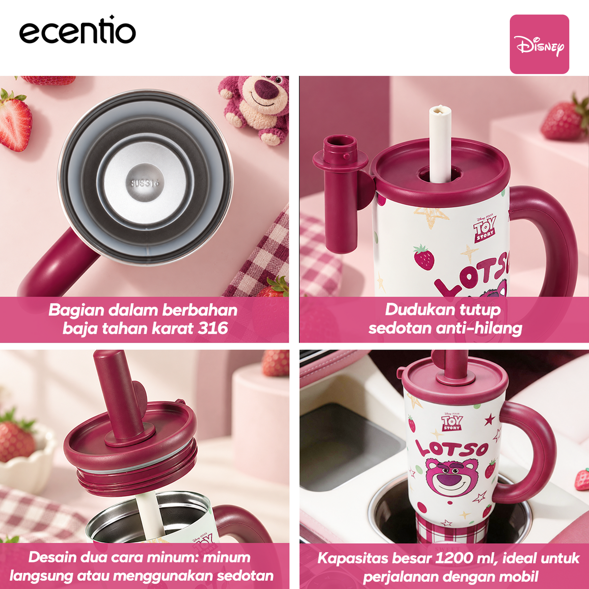 [Lotso][HOT] ecentio Tumbler Stainless Steel 1200ml Lotso Disney Botol Minum Termos Vacuum Tahan Dingin Panas 24 Jam Anti Bocor dengan Sedotan Aesthetic Portable