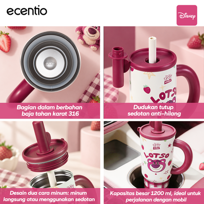 [Lotso][HOT] ecentio Tumbler Stainless Steel 1200ml Lotso Disney Botol Minum Termos Vacuum Tahan Dingin Panas 24 Jam Anti Bocor dengan Sedotan Aesthetic Portable